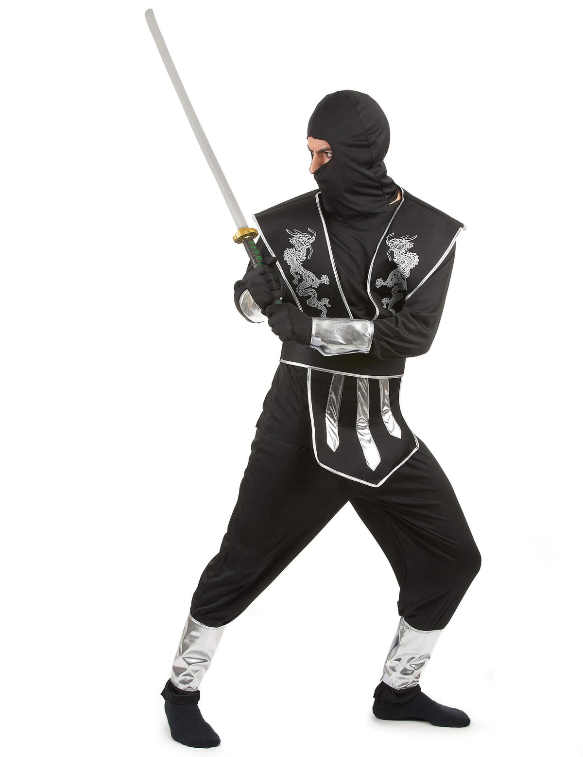 Déguisement de ninja pour homme noir et argenté avec motifs de dragons