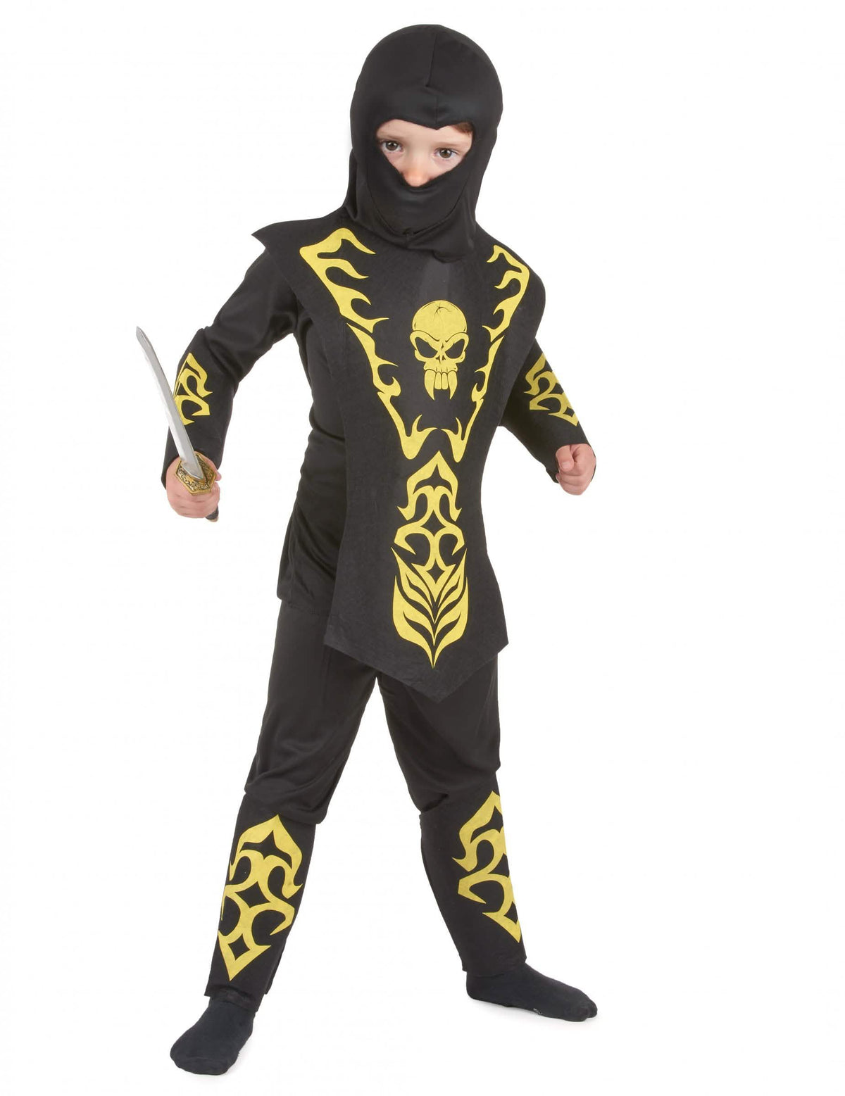 Déguisement ninja pour garçon noir et jaune avec motif tête de mort