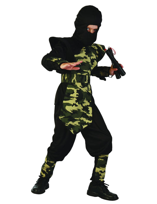 Déguisement ninja militaire plastron pour garçon noir et camouflage vert
