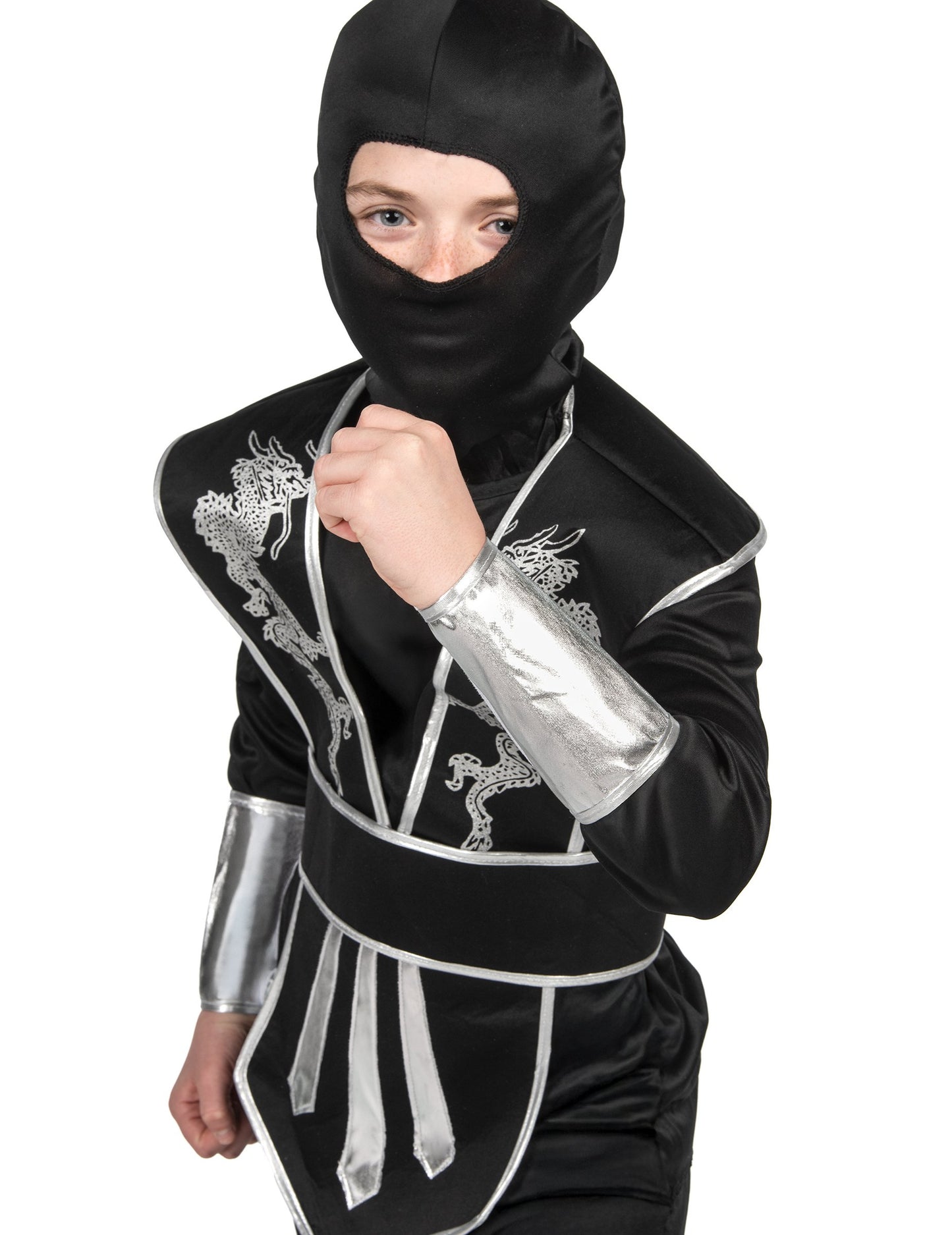Черно и сребърно момче костюм на нинджа