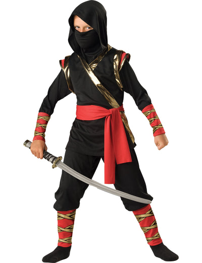 Déguisement ninja pour enfant noir rouge et or avec cagoule