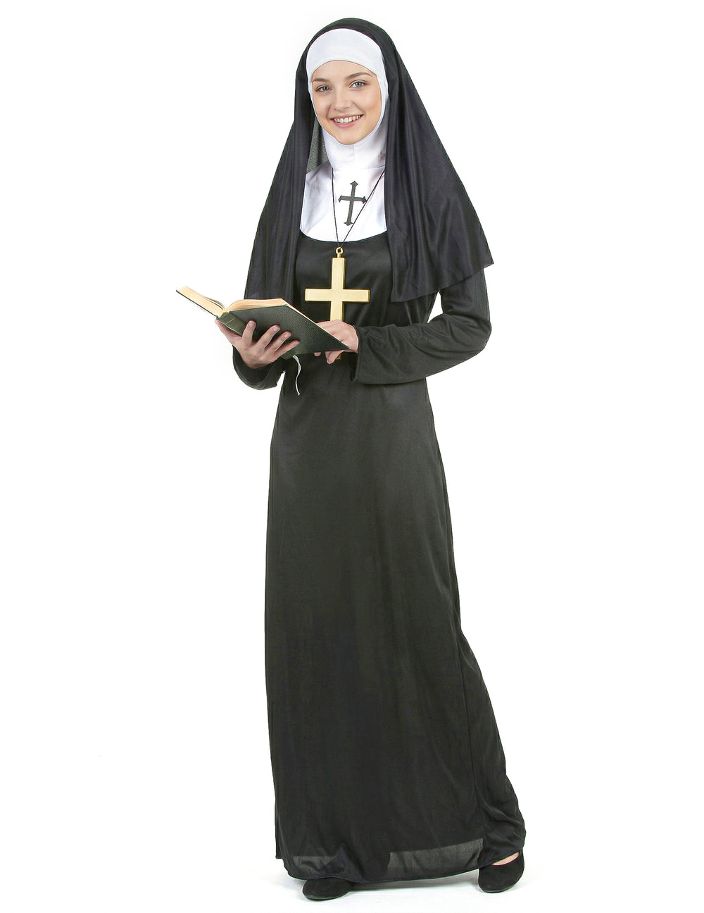 Déguisement de nonne pour femme noir et blanc avec voile et croix dorée