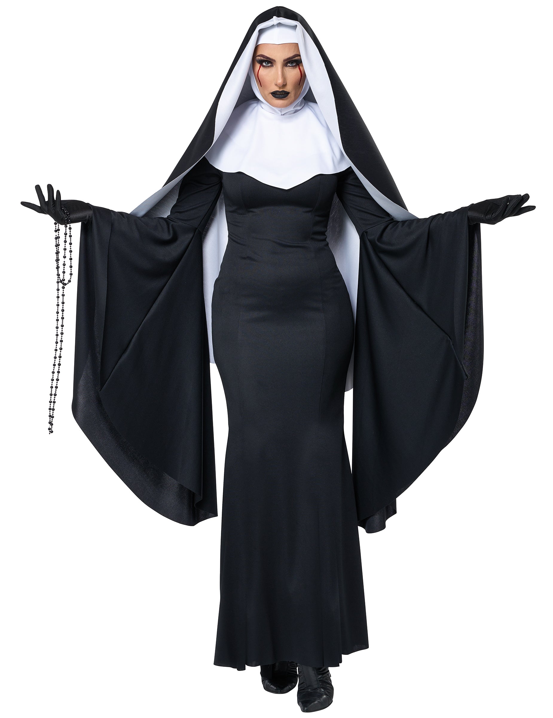 Déguisement nonne longue luxe pour femme noir et blanc avec voile et manches évasées