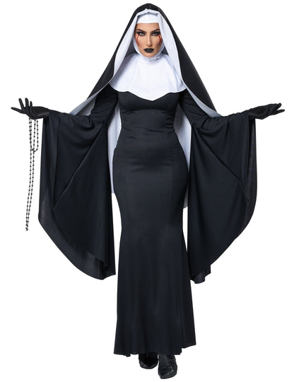 Déguisement nonne longue luxe pour femme noir et blanc avec voile et manches évasées