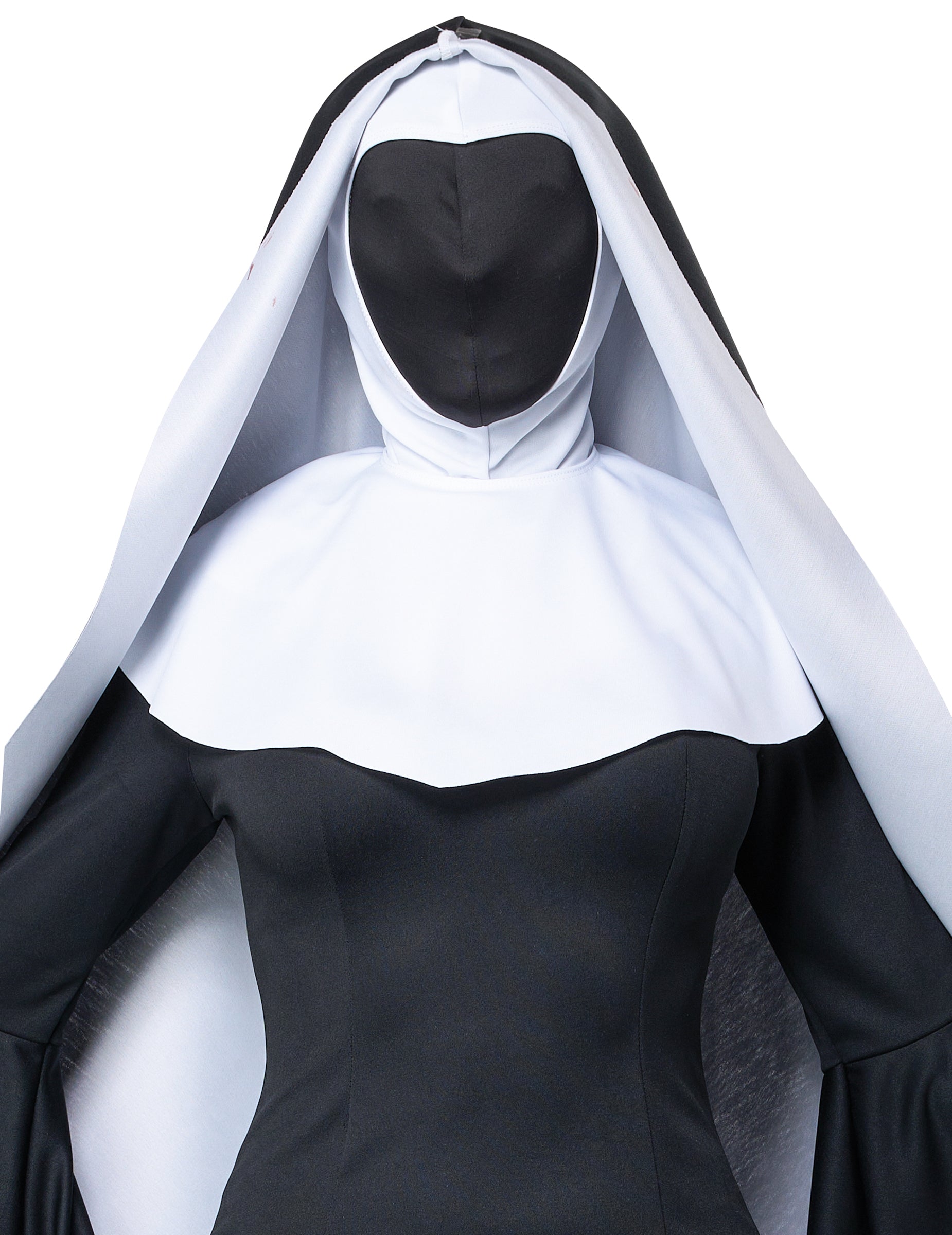 Gros plan sur le visage masqué et la coiffe du déguisement nonne longue luxe