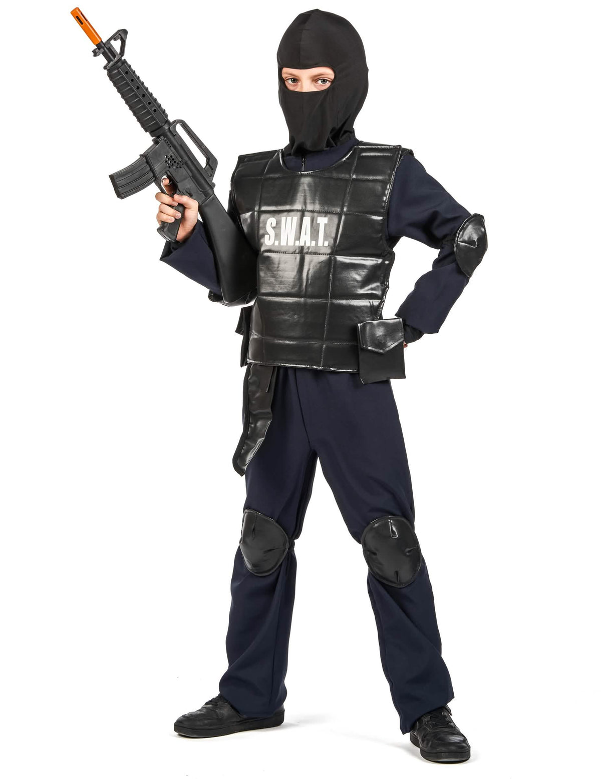 Déguisement officier du SWAT pour enfant noir avec gilet et cagoule