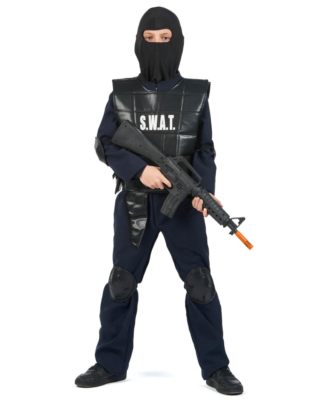 Vue de face avec cagoule et arme factice du déguisement officier du SWAT