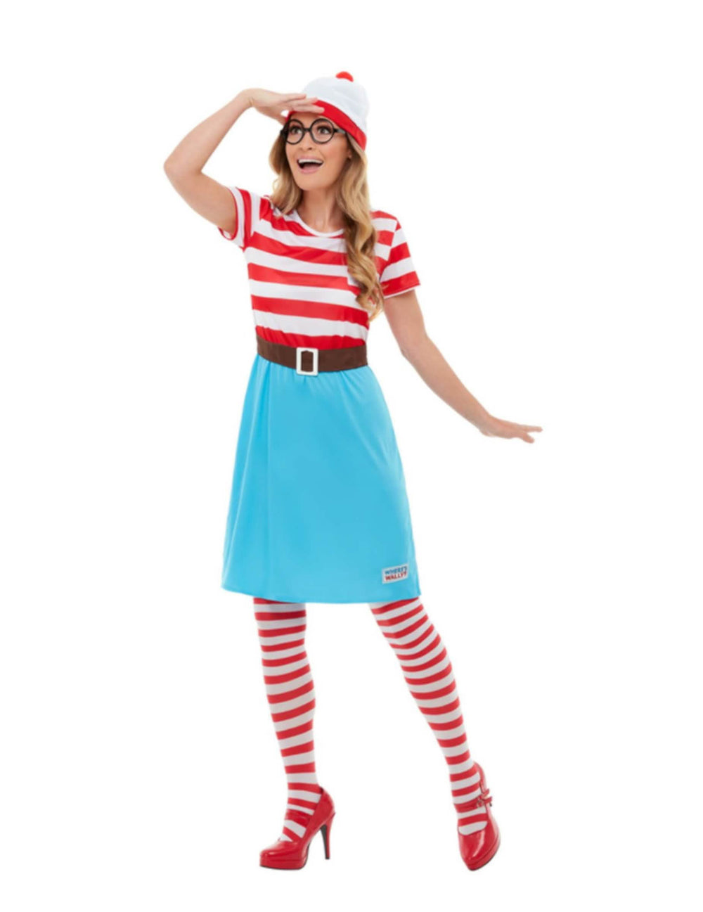 Костюм "Къде е Чарли" лукс за жена червен и бял с синя пола, шапка и очила