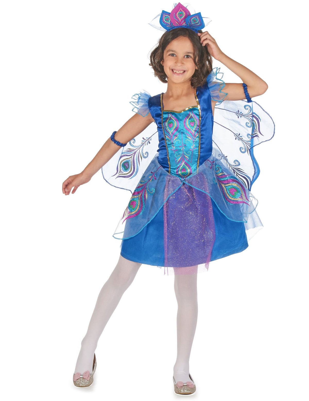 Déguisement de paon à paillettes pour fille bleu et violet avec ailes et serre-tête