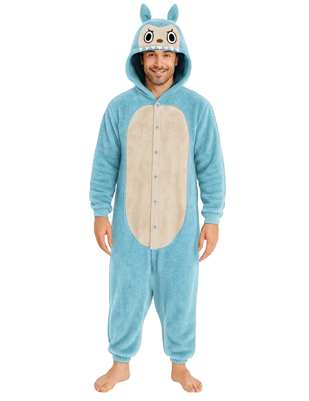 Déguisement peluche monstre pour homme bleu avec capuche à oreilles