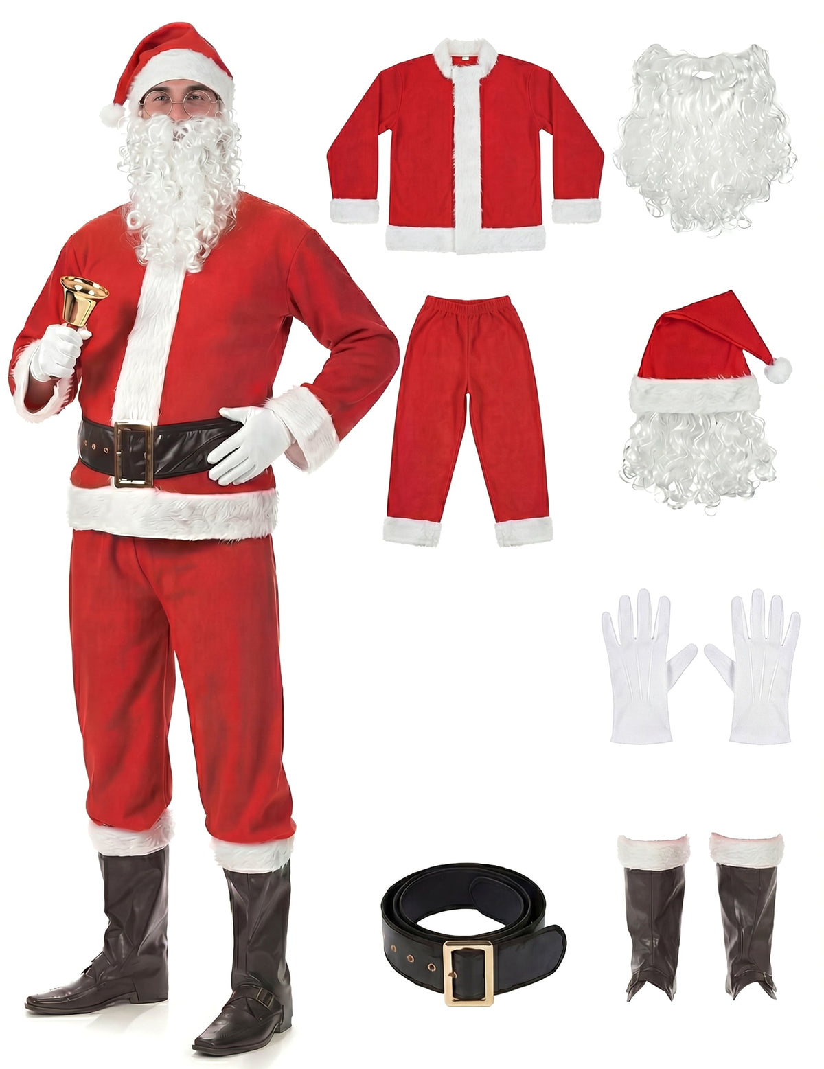 Déguisement de Père Noël complet pour adulte rouge et blanc avec barbe et accessoires