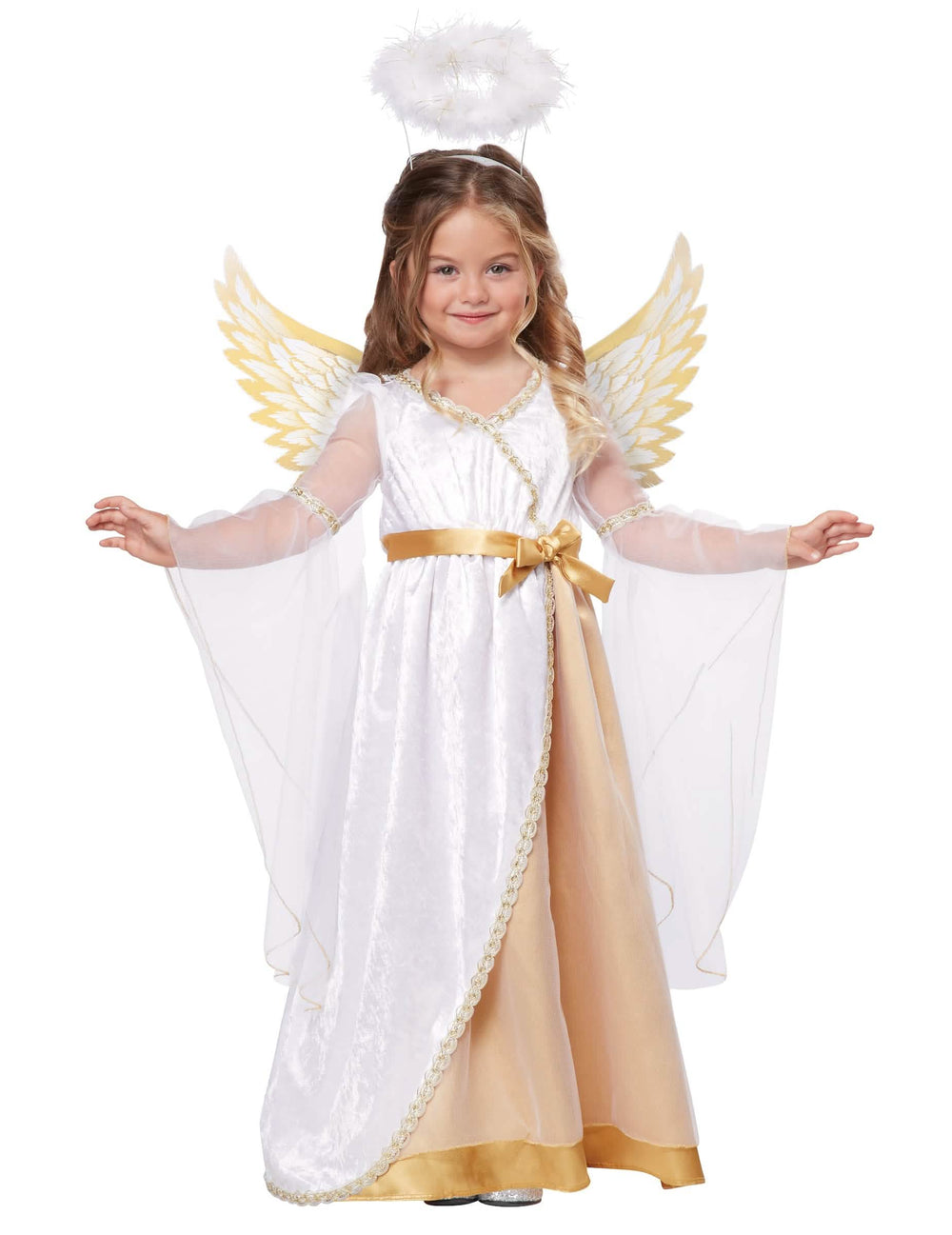 Déguisement petit ange pour fille blanc et or luxe avec ailes et auréole