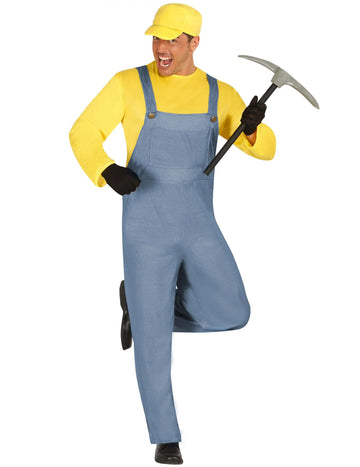 Déguisement de petite créature jaune pour adulte bleu et jaune avec casquette et pioche