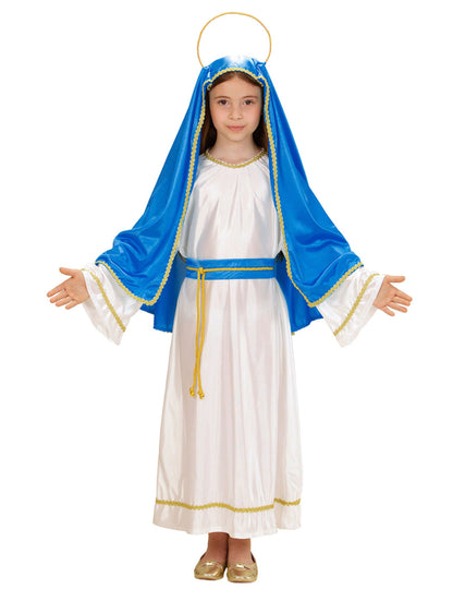 Déguisement de petite Marie pour fille bleu et blanc avec auréole dorée