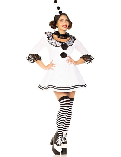 Déguisement de pierrot sexy pour femme blanc et noir avec pompons et dentelle