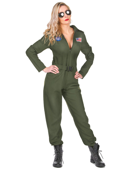 Déguisement de pilote d'avion pour femme vert kaki avec lunettes aviateur