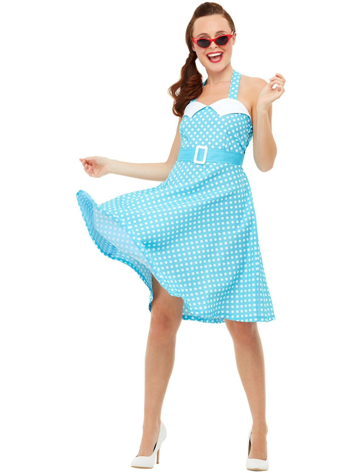 Déguisement pin-up rétro pour femme bleu à pois blancs avec ceinture