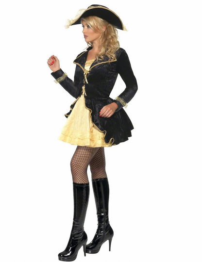 Déguisement pirate baroque noir et dorée femme