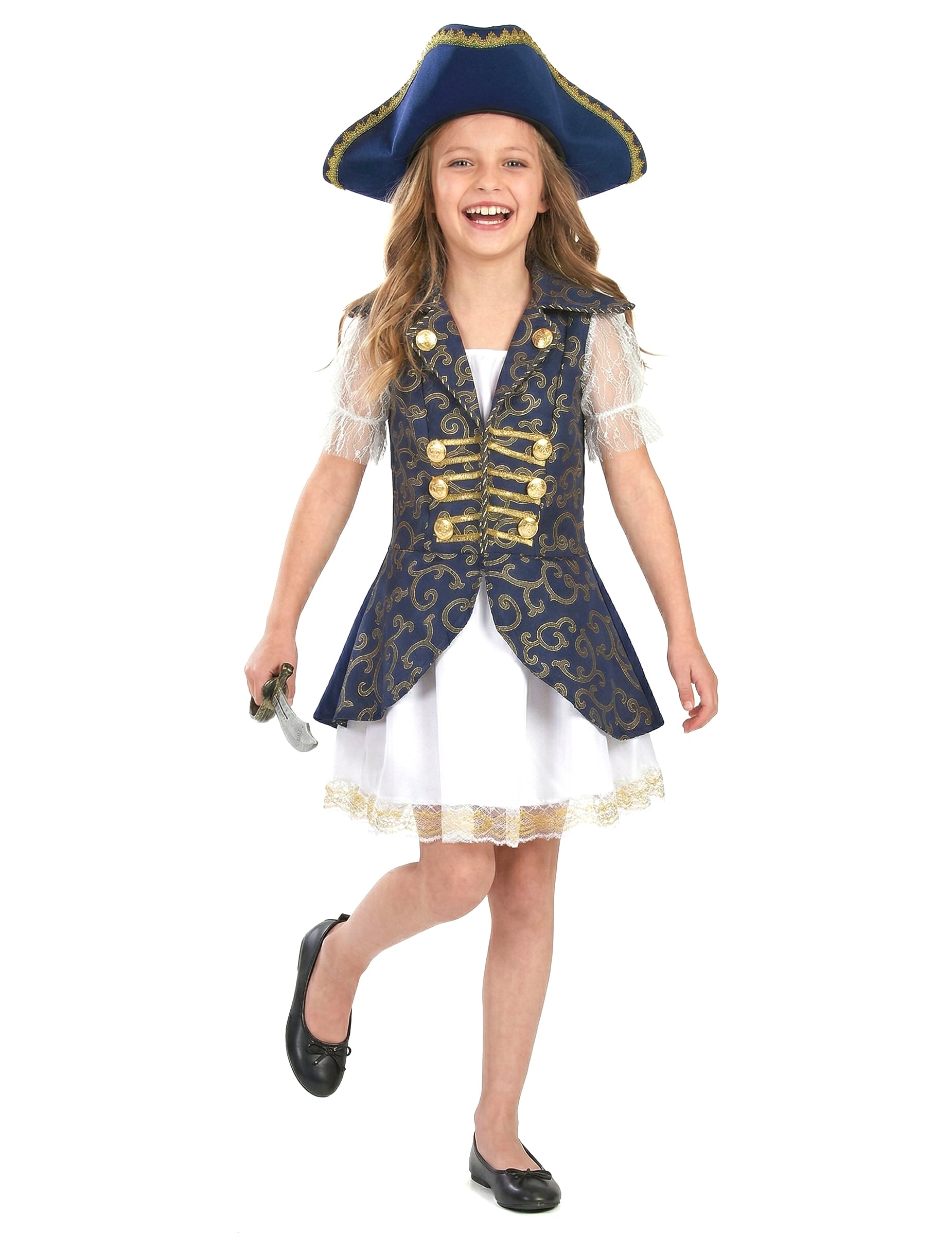 Déguisement de pirate pour fille bleu foncé avec chapeau et dorures