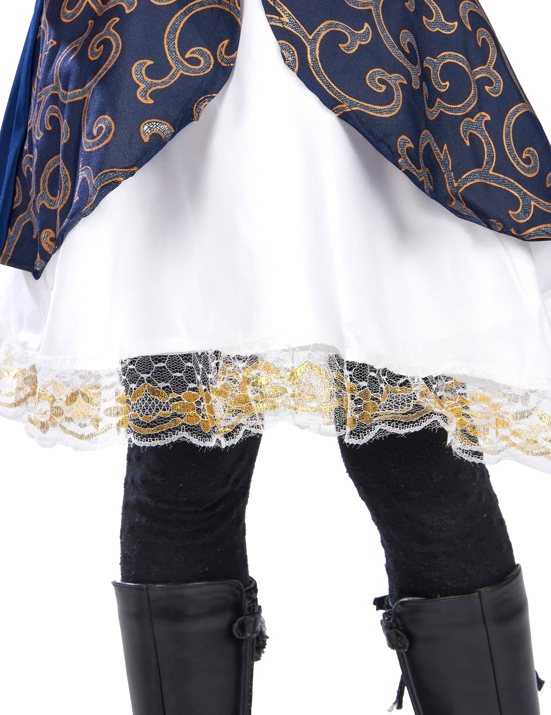 Détail de la dentelle dorée du bas du déguisement de pirate pour fille