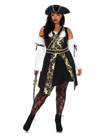 Големи размери женски океански пиратски костюм със златни модели