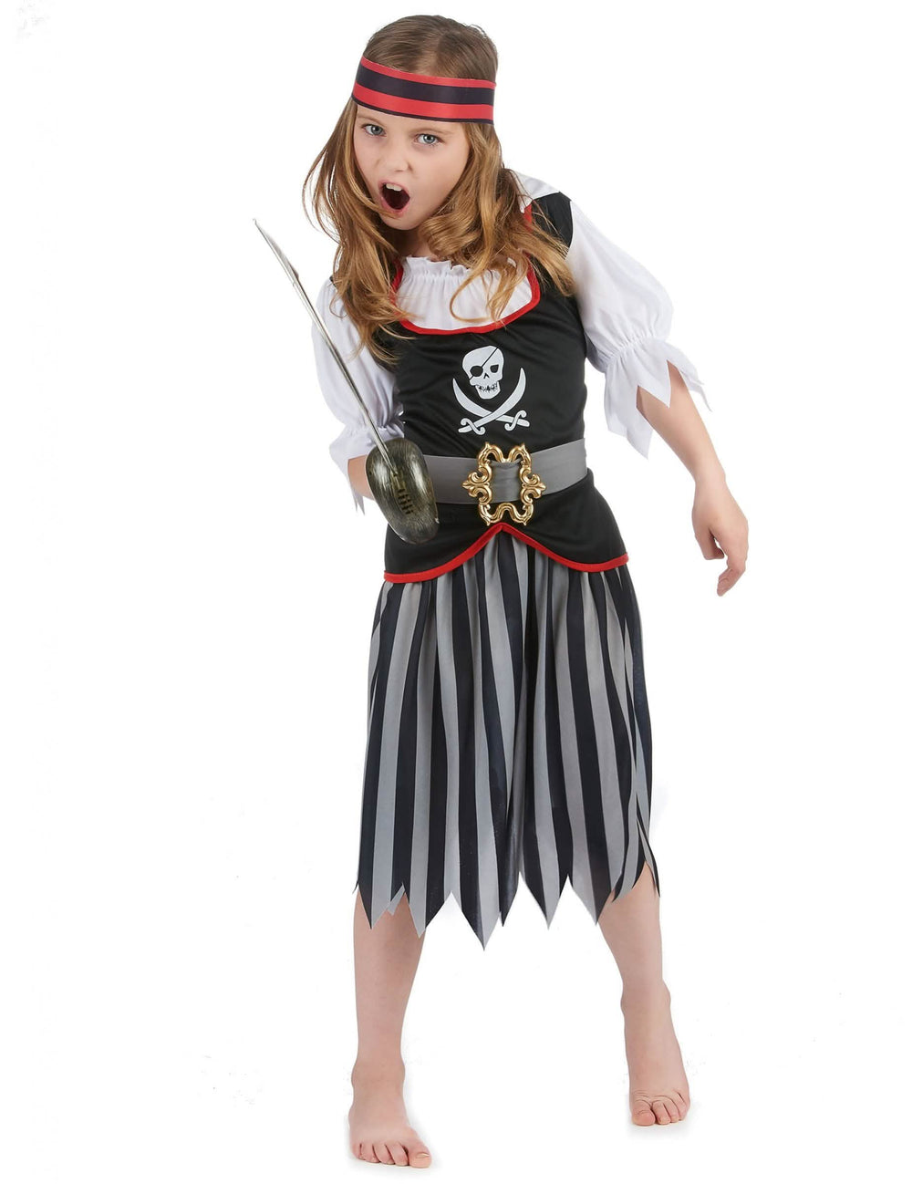 Déguisement pirate motif tête de mort pour fille noir et gris avec bandeau rouge
