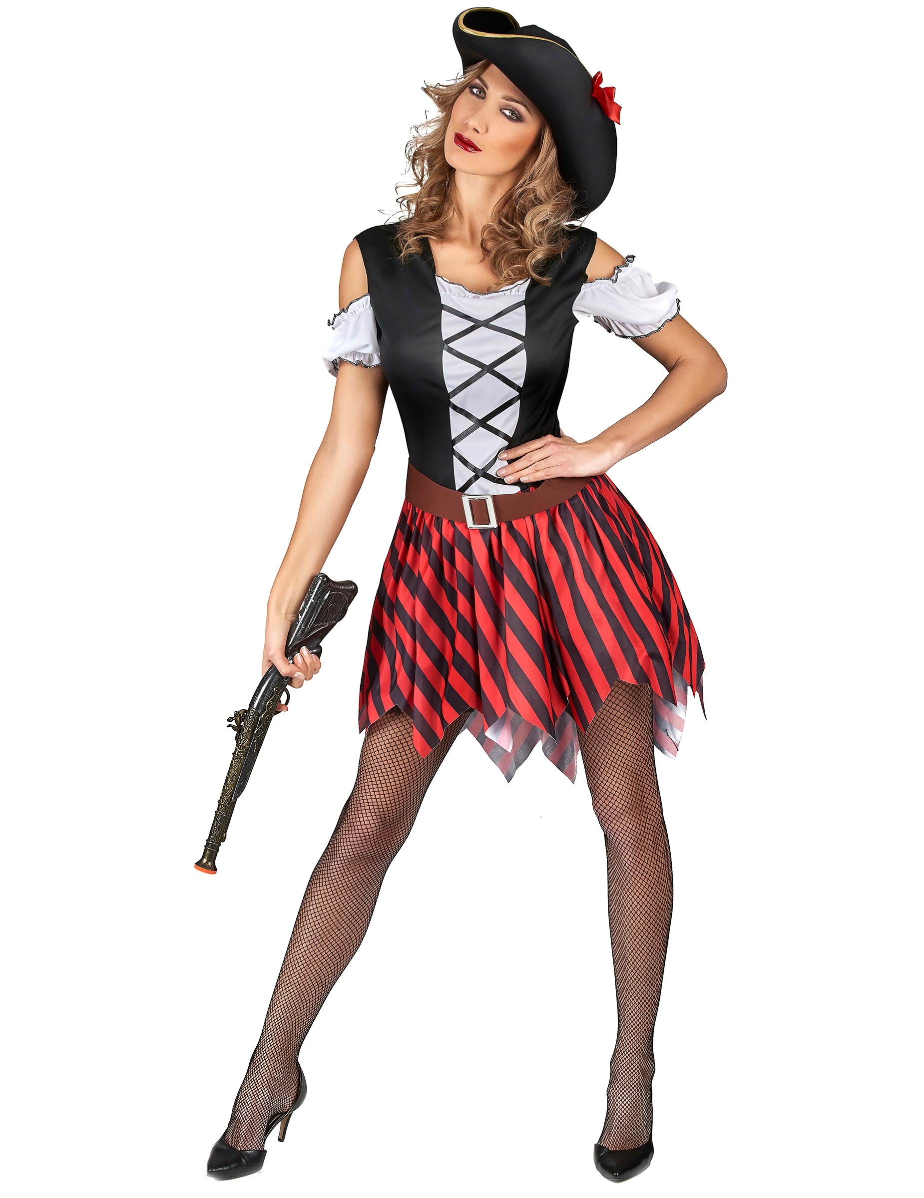 Déguisement de pirate pour femme à rayures rouges et noires avec chapeau
