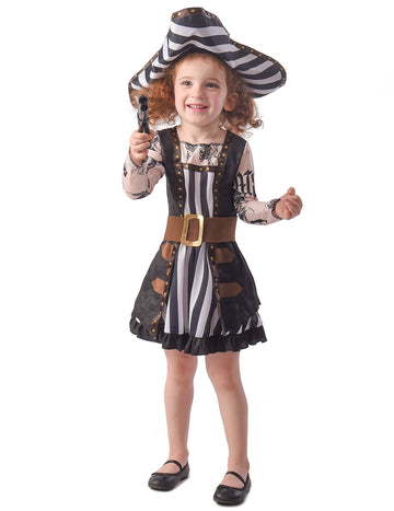 Костюм за пиратка с татуировки за момиче в черно и бяло, с шапка и колан