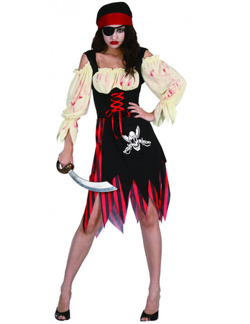 Déguisement pirate zombie pour femme noir et rouge avec taches de sang