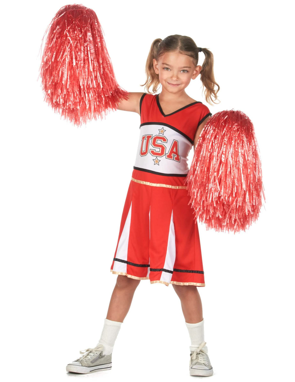 Vue de face avec pompons levés du déguisement pompom girl USA