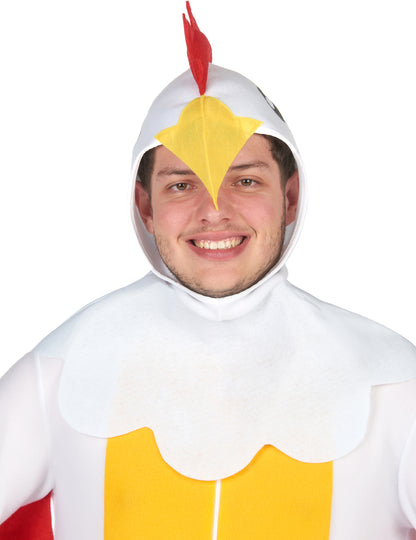 Gros plan sur la tête du déguisement poulet pour adulte