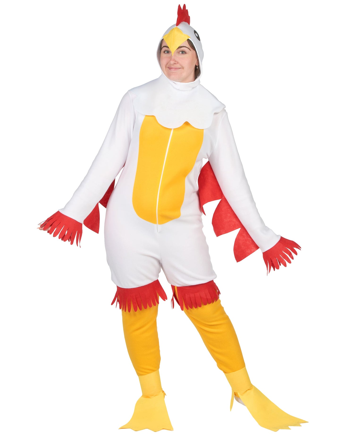 Déguisement de poulet pour adulte blanc et jaune avec crête rouge