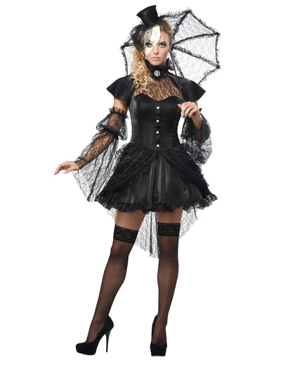 Déguisement poupée gothique pour femme noir avec dentelle et chapeau