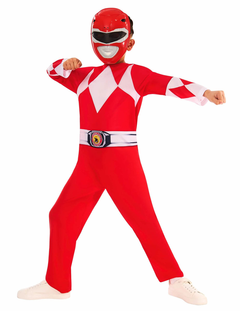Vue de face en position d'action du déguisement Power Ranger rouge pour enfant
