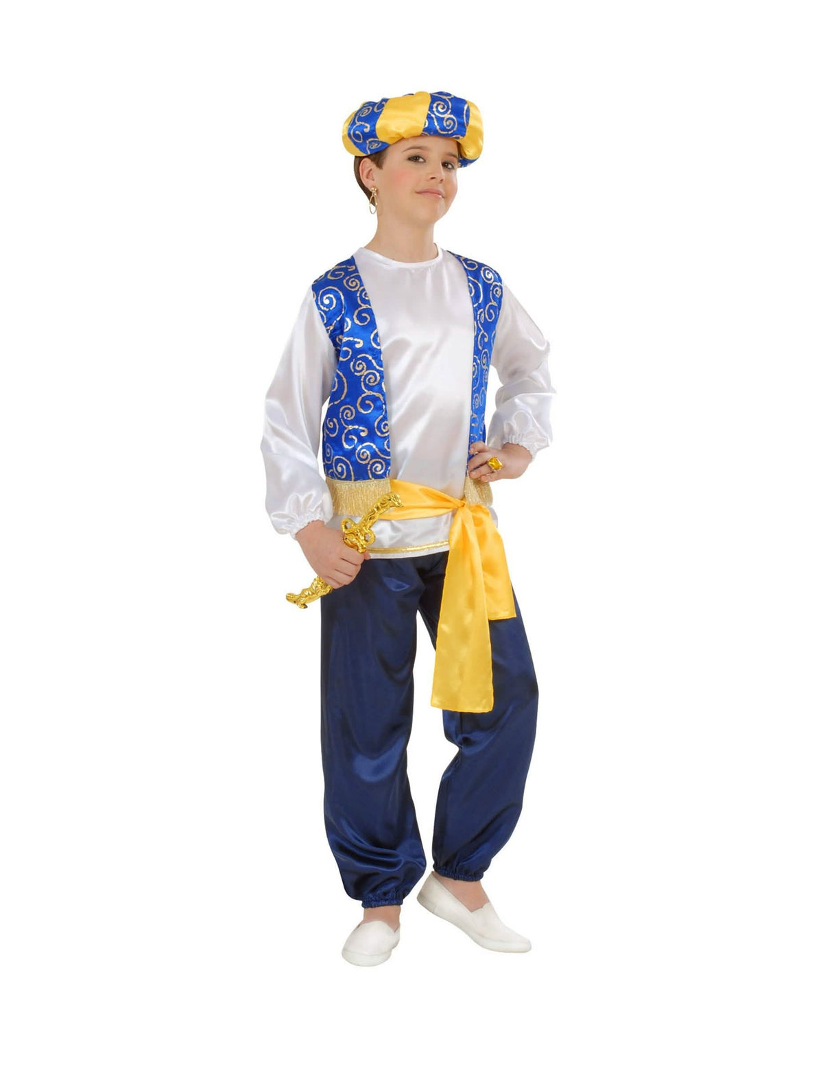 Déguisement de prince arabe pour enfant bleu et blanc avec turban et ceinture jaune