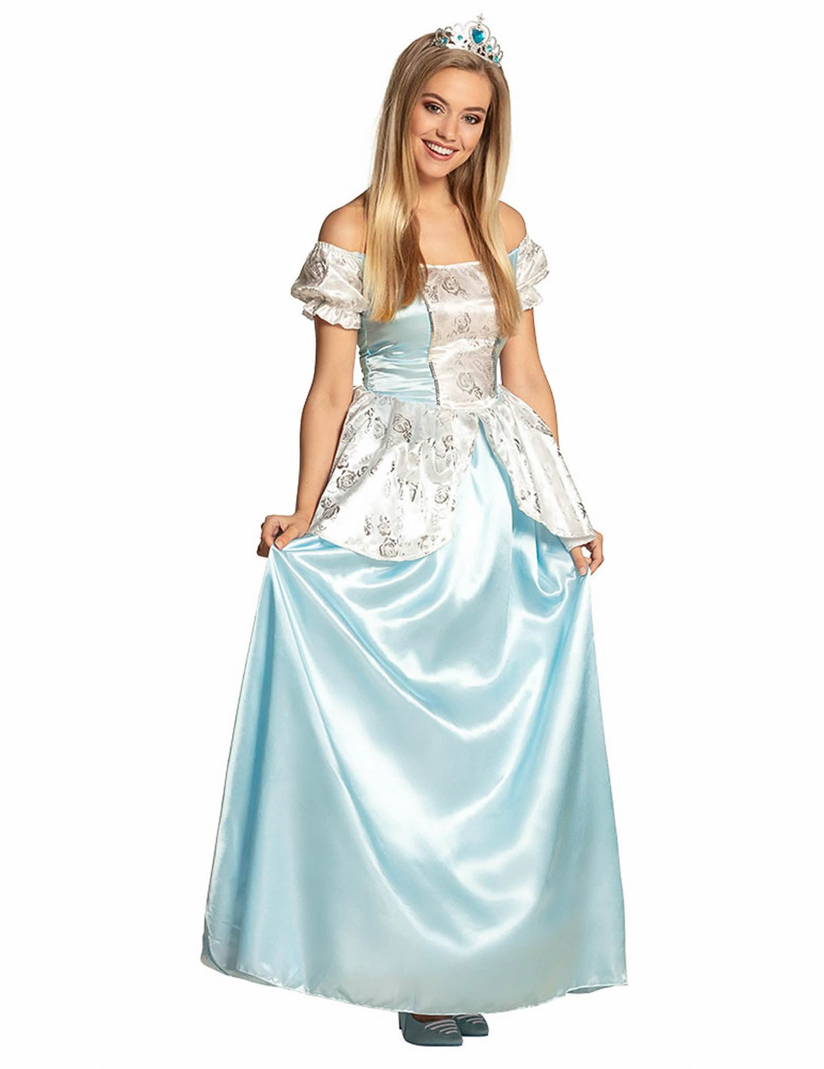 Déguisement de princesse Cendrillon pour femme bleu satiné avec diadème