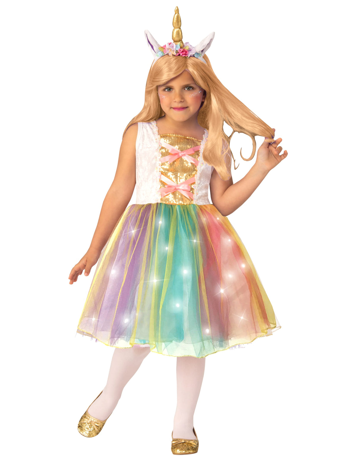 Déguisement Princesse Licorne lumineuse pour enfant arc-en-ciel et doré
