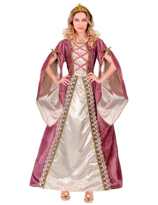 Déguisement de princesse médiévale pour femme rose et blanc avec couronne