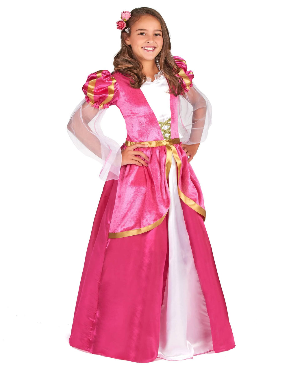Déguisement de princesse médiévale pour fille rose et blanc avec détails dorés