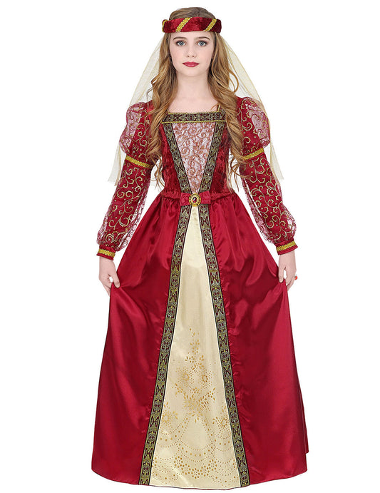 Déguisement princesse médiévale royale pour fille rouge et or avec coiffe