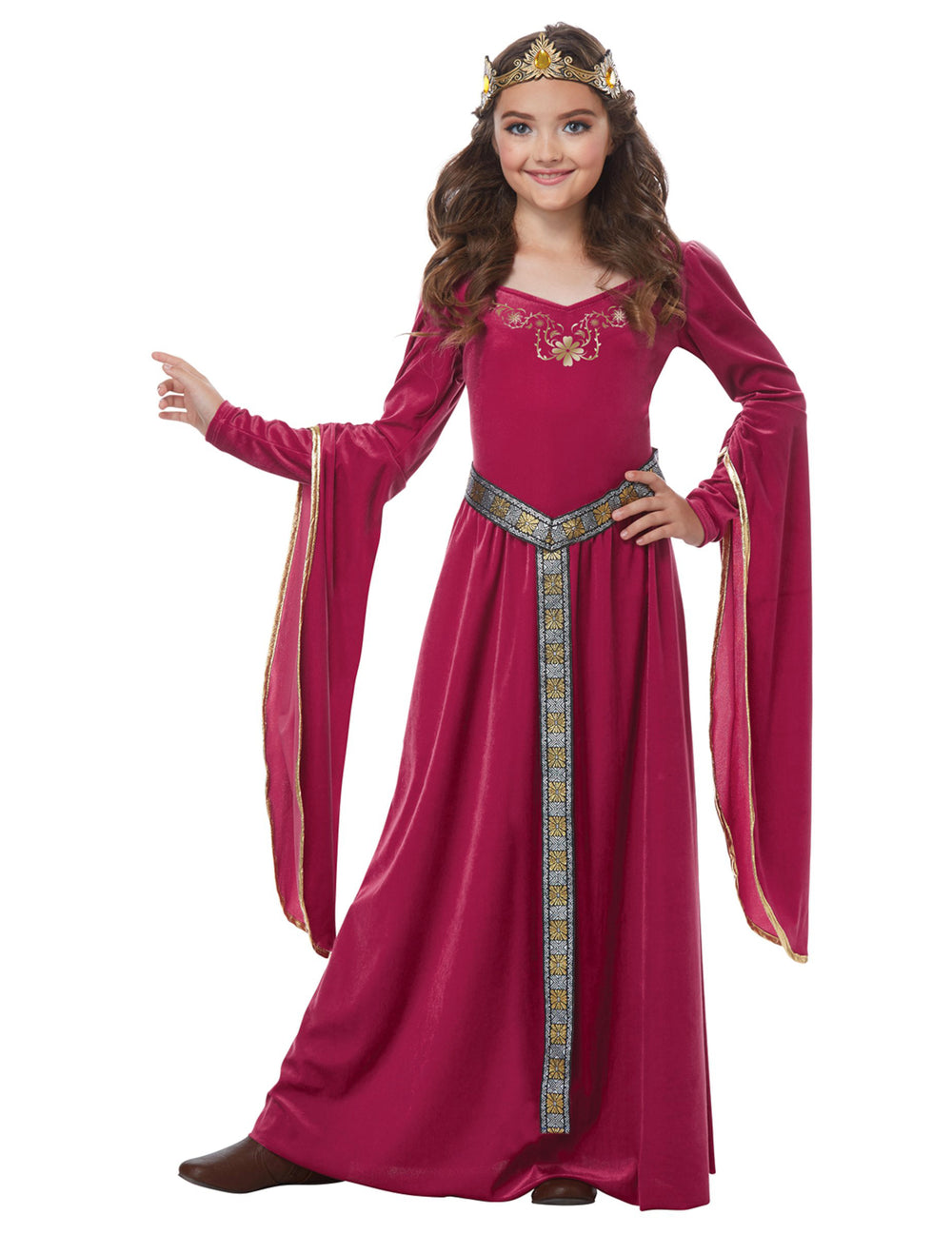 Déguisement de princesse médiévale pour fille rose en velours avec couronne dorée