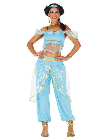 Déguisement de princesse orientale pour femme bleu avec détails dorés et voilage