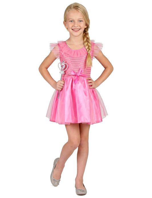Déguisement de princesse à paillettes pour fille rose avec baguette
