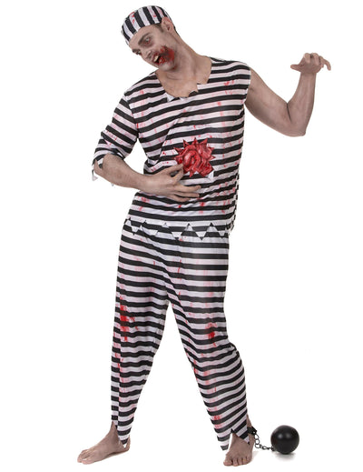 Déguisement de prisonnier zombie effrayant pour homme rayé noir et blanc ensanglanté