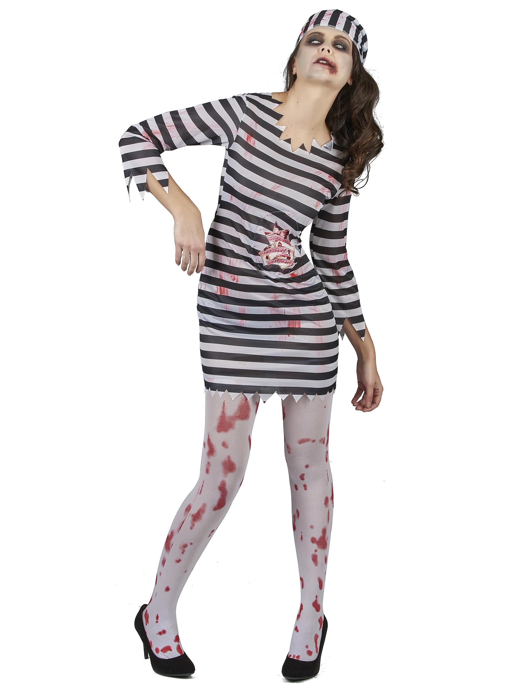 Déguisement de prisonnière zombie pour femme noir et blanc ensanglanté
