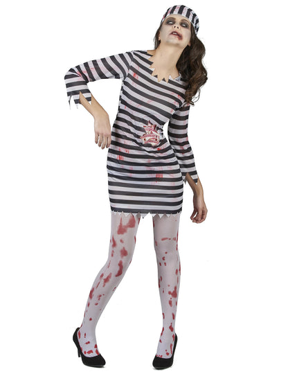 Déguisement de prisonnière zombie pour femme noir et blanc ensanglanté