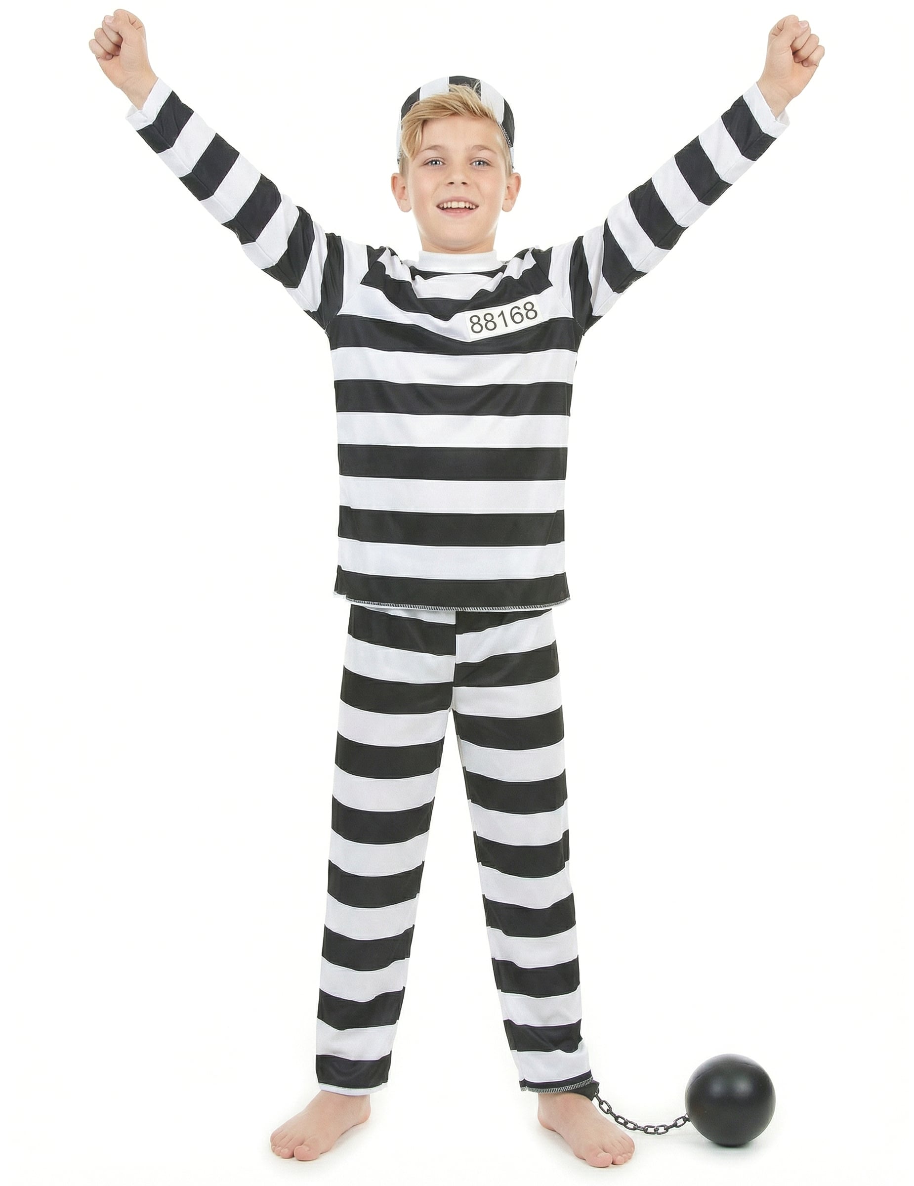Vue de face les bras levés du déguisement de prisonnier pour enfant