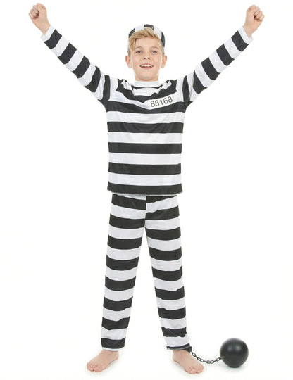 Vue de face les bras levés du déguisement de prisonnier pour enfant