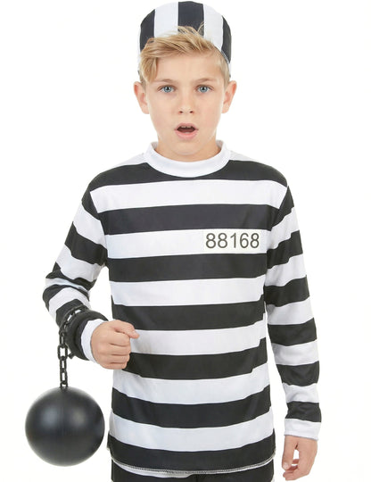 Gros plan sur le buste et les accessoires du déguisement de prisonnier pour enfant