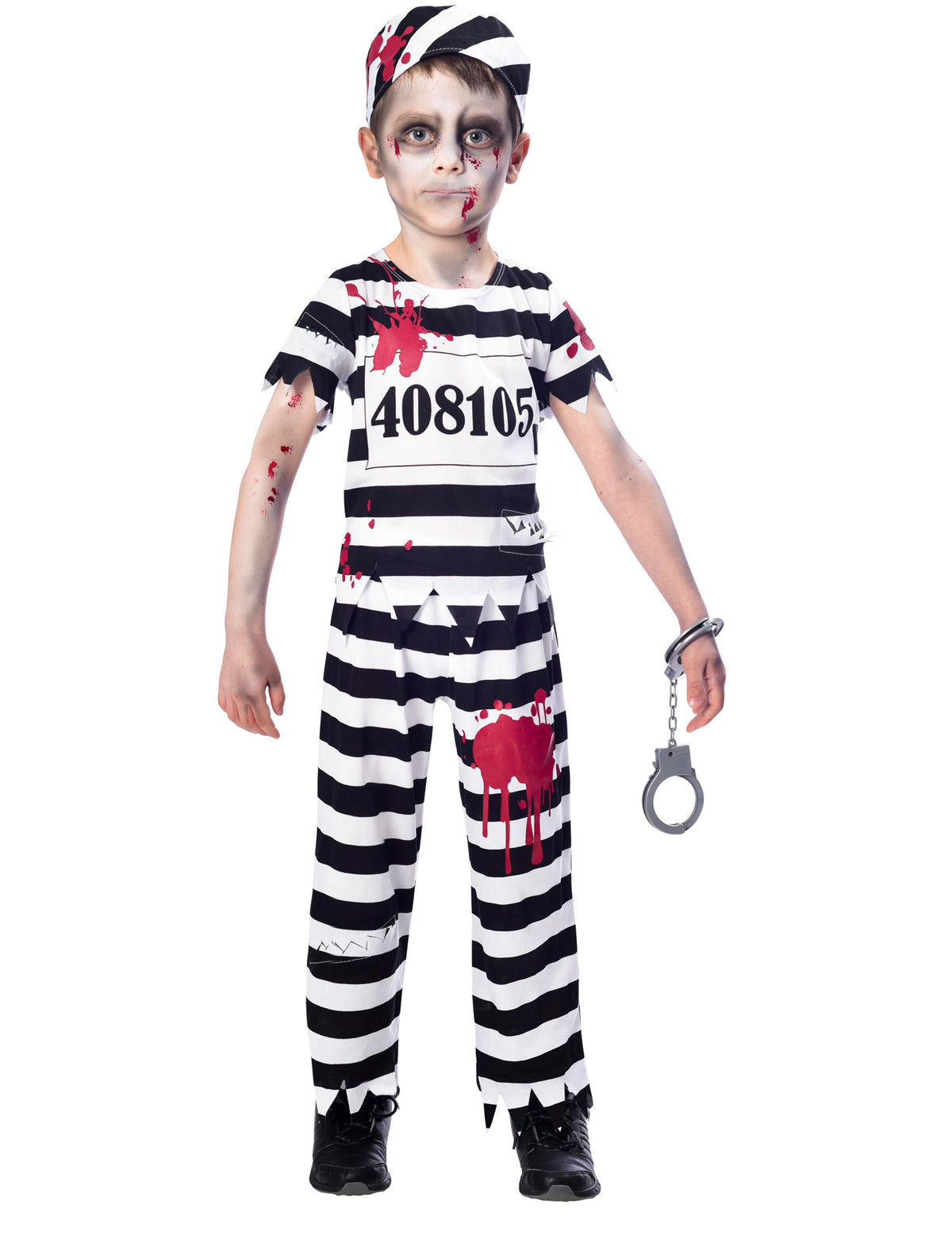 Déguisement prisonnier zombie pour garçon rayé noir et blanc ensanglanté